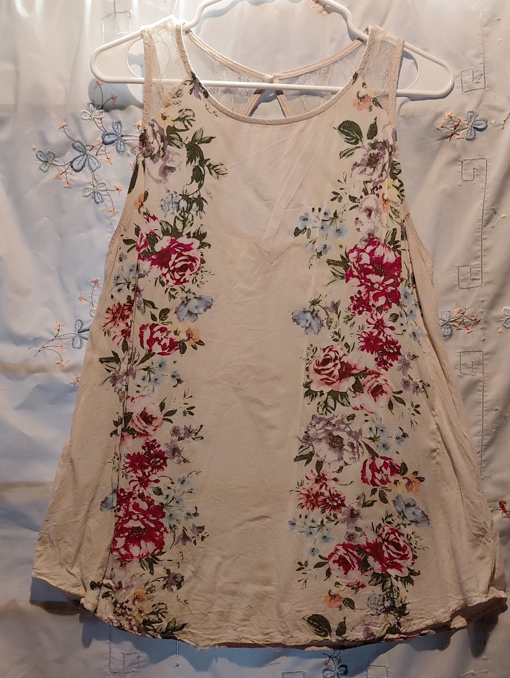 Gypsies & Moondust Cream Floral Swing Tank with Pink and Green Accents